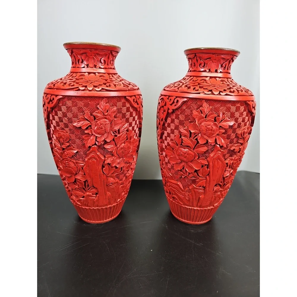 LARGE FINE PAIR OF CHINESE MEI PING CINNABAR BLUE ENAMEL BRASS VASE 30cm TALL